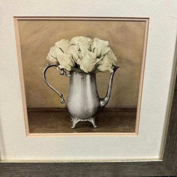 Silver/gold frame with floral artwork Artist Cristin Areia, 12.5" x 12.5" - Picture 2 of 4